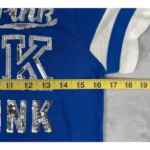 Victory Secret Pink‎ Shirt Women’s Short Sleeve Glitter Blue Jersey Y2K - Picture 12 of 12